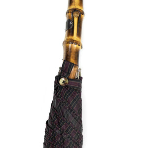 Whangee bamboo handle, wooden stick umbrella, burgundy & black stripe canopy