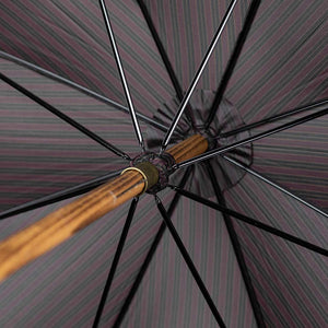 Whangee bamboo handle, wooden stick umbrella, burgundy & black stripe canopy