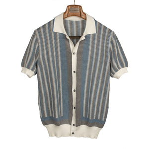 [SS22 Pre Order] Ripley short sleeve knitted shirt in light tone striped cotton and merino wool deposit