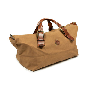 Mick weekender bag in tan canvas and brown vegetable-tanned leather