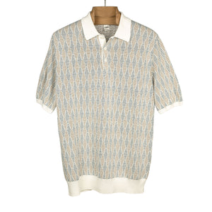 Knit short sleeve cotton polo, cream, tobacco and blue retro diamond  (restock)