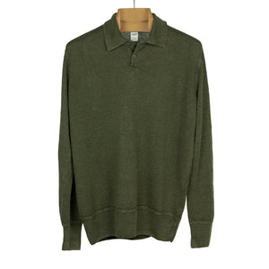 Knit long sleeve polo shirt, dark green linen (restock) – No Man Walks ...