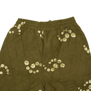 Ikeja quilted easy pants in moss green fractal dot print cotton