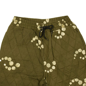 Ikeja quilted easy pants in moss green fractal dot print cotton