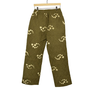 Ikeja quilted easy pants in moss green fractal dot print cotton