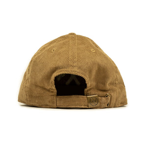 Corduroy cap in caramel with racing flag chainstitched embroidery