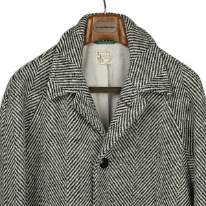 Balmacaan coat in black and white herringbone wool tweed