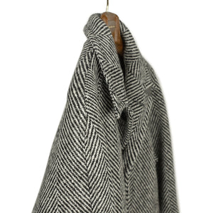 Balmacaan coat in black and white herringbone wool tweed