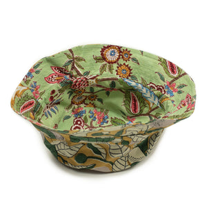 Reversible bucket hat in sage and mustard floral hand block printed cotton