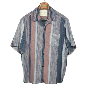 Ronen camp shirt in mauve, navy and grey block stripe rice stitched cotton