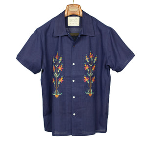 Chintan short sleeve shirt in indigo dyed khadi with hand-embroidered floral motifs