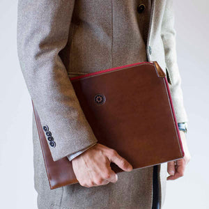 Brown leather portfolio with green zipper