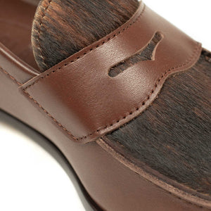 Aurland penny loafer in oak brown calf with hair-on cowhide vamp