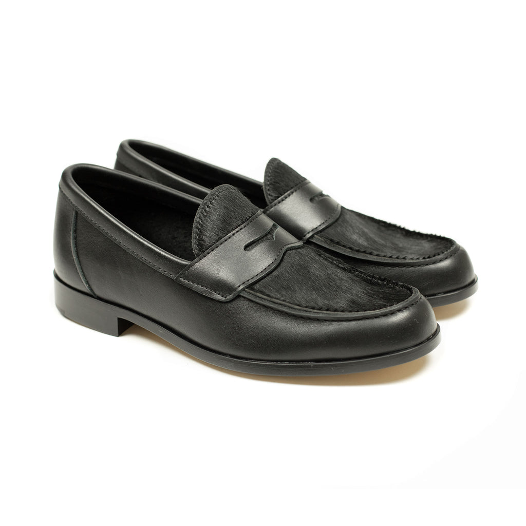 Aurlands Aurland penny loafer in black calf with hair-on horsehide vamp ...