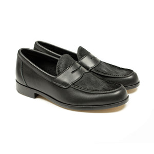 Aurland penny loafer in black calf with hair-on horsehide vamp