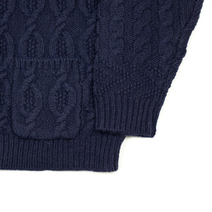 Crazy cable knit Aran cardigan in navy wool