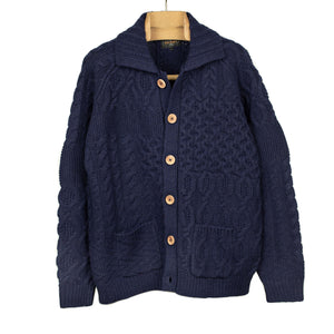 Crazy cable knit Aran cardigan in navy wool