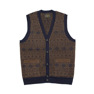 Fair Isle sweater vest in brown and indigo wool and cotton