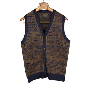 Fair Isle sweater vest in brown and indigo wool and cotton