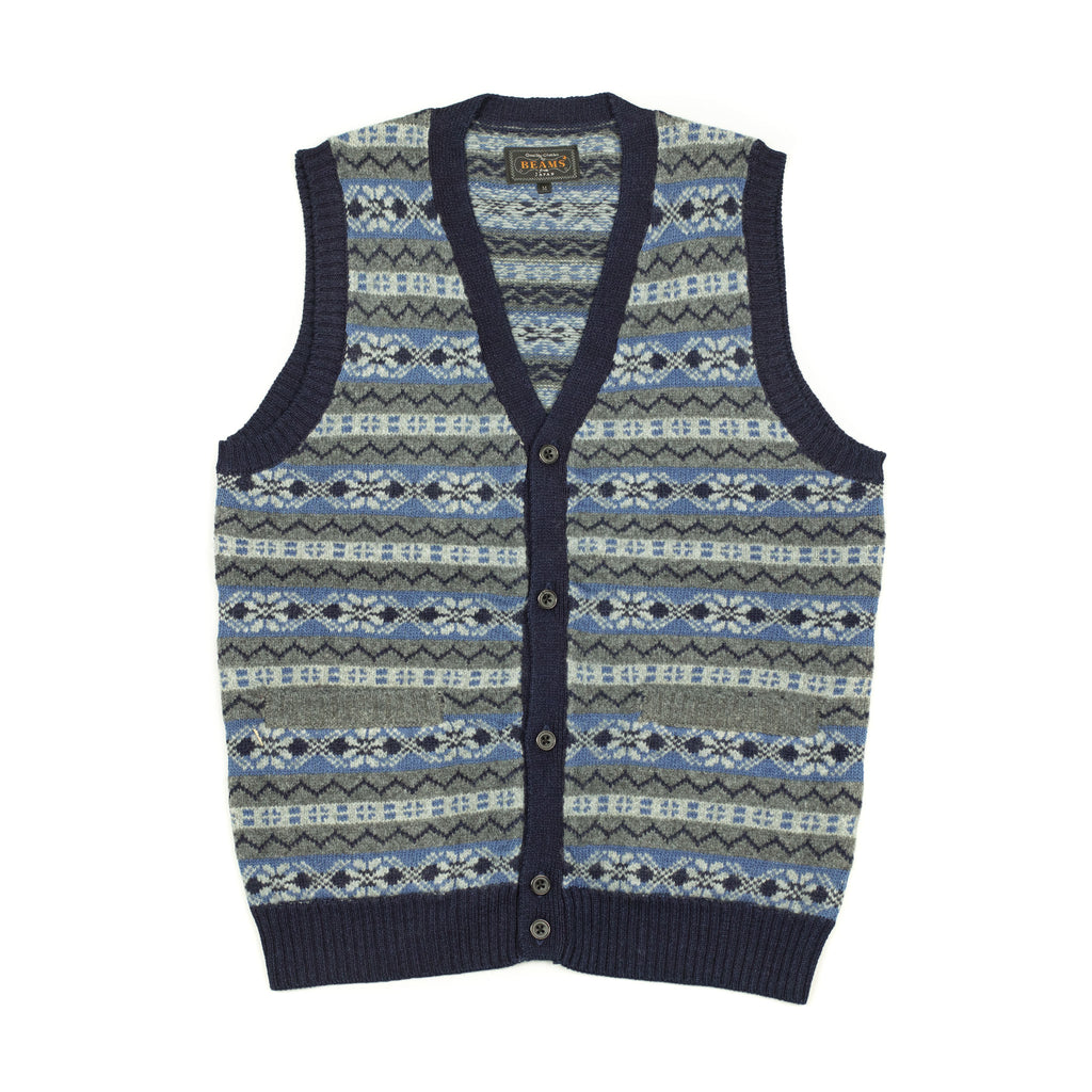 Beams+ Fair Isle sweater vest in grey, powder blue and indigo wool and ...