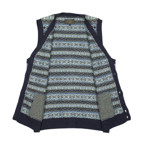 Fair Isle sweater vest in grey, powder blue and indigo wool and cotton jacquard