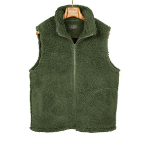 Stand collar zip vest olive green high-pile wool and poly fleece