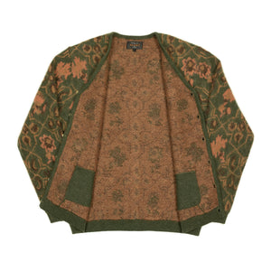 Shaggy cardigan in olive and rust botanical jacquard mohair blend