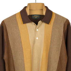 Knit polo in brown and wheat retro stripe wool