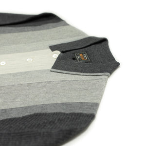 Knit polo in charcoal and grey retro stripe wool