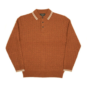 Cable knit polo with stripe trim in rust wool