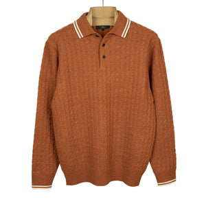 Cable knit polo with stripe trim in rust wool