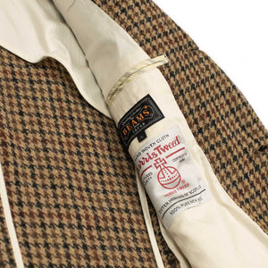 Elbow patch sport coat in brown, black, and burgundy guncheck Harris Tweed wool