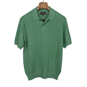 Short sleeve cable knit polo in green linen and cotton