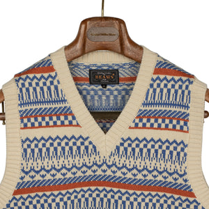 Fair Isle vest in ecru, indigo, and rust cotton