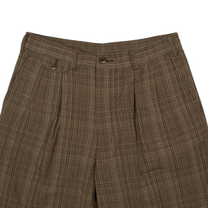 Pleated trousers in brown check cotton wool linen