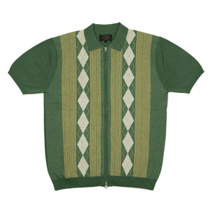 Short sleeve zip knit polo in retro green stripe ramie and cotton