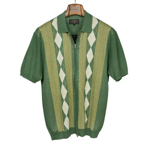 Short sleeve zip knit polo in retro green stripe ramie and cotton