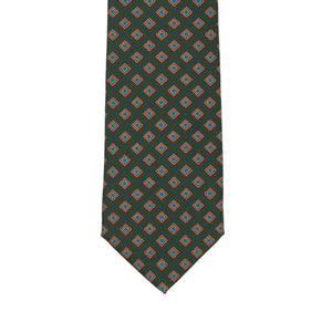 Dark green silk tie, blue and orange neat print