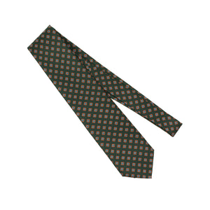 Dark green silk tie, blue and orange neat print