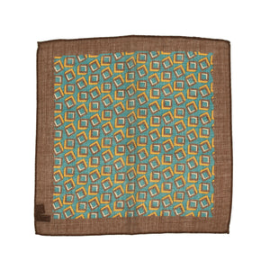 Wool square in teal with brown and mustard deco motifs