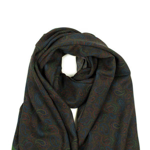 Printed wool & cashmere stole in brown with paisley motifs
