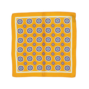 Silk pocket square, Yellow with blue and rust large prints
