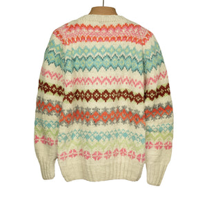 Monitaly Chamula handknit fair isle sweater in ivory, pink and