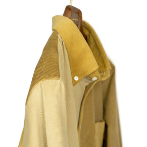 Paneled button down shirt in color blocked beige and golden cotton corduroy