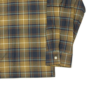 Camp collar shirt in mustard and indigo tartan cotton twill