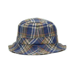 Bucket hat in blue check washed linen madras