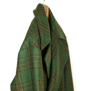 Aalbany double-breasted overcoat in forest green, ochre and black plaid wool