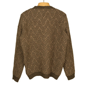 Handknit crewneck sweater in tonal brown wool chevron