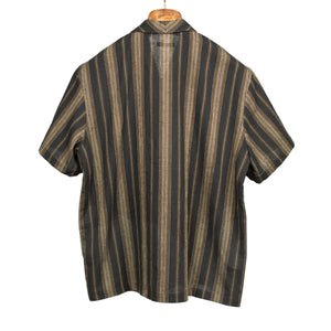 Camp collar shirt in black, brown and cream striped cotton/linen
