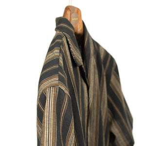 Camp collar shirt in black, brown and cream striped cotton/linen